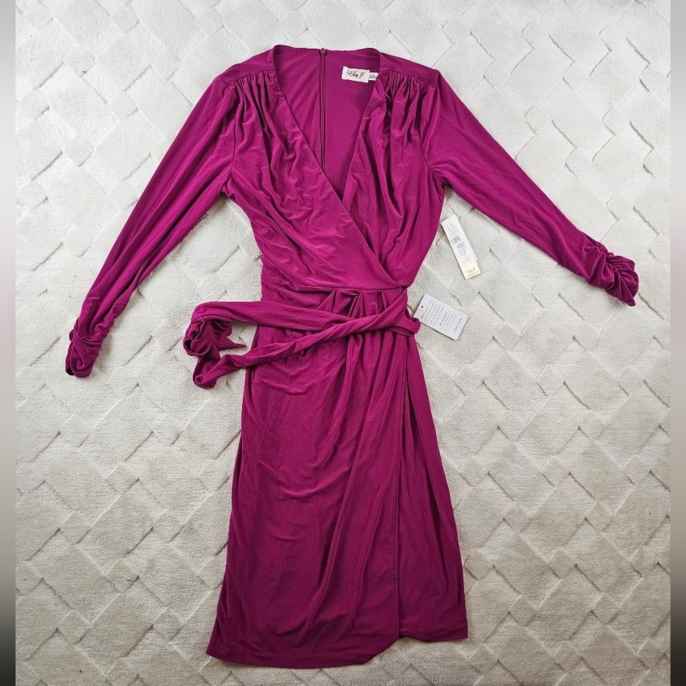 Eliza J Magenta Wrap Dress Womens 10 Ruched Sleeves Formal Preppy Stretch